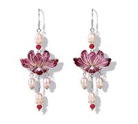Handmade Statement Earrings for Women,Silk Velvet Peony Earrings with Pearl & Agate, 925 Sterling Silver, Hypoallergenic Lightweight Jewelry, Valentines Day Anniversary for Mom Girlfriend (red)