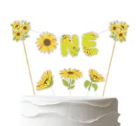 Handmade Sunflower One Cake Topper,Pre-Strung Summer Yellow Flower First Birthday Cake Decor,6pcs Sun Flower Theme 1st Birthday Anniversary Party Decorations
