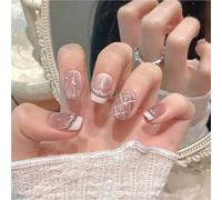 Handmade Sweet Diamond Grid Decoration Press-On Nails French Glitter Pink Cat Eye False Nails Wearable Reusable Korean Bridal False Nails(Green,S)