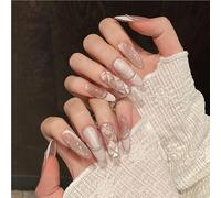 Handmade Sweet Diamond Grid Decoration Press-On Nails French Glitter Pink Cat Eye False Nails Wearable Reusable Korean Bridal False Nails(Orange,L)