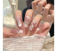 Handmade Sweet Diamond Grid Decoration Press-On Nails French Glitter Pink Cat Eye False Nails Wearable Reusable Korean Bridal False Nails(Gold,XS)