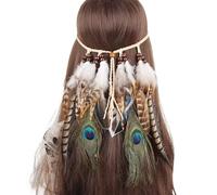 Handmade Tassel Hippie Indian Bohemian Feather Headband for Women Girls Vintage Feather Headdress Hair Decorations Bead PeacockFeather Headband Headwear Fascinator Headpiece Hair (Khaki, One Size)