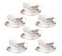 Handmade Tea Cup and Saucer Set, 8.5 oz Porcelain Coffee Mug Set, Ceramic Teacup, Espresso Cup Set with Raised Glaze Rose Decoration for Women Tea Party & Christmas & Wedding (6 Set, Grayish Blue)