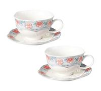 Handmade Tea Cup and Saucer Set, 8.5 oz Porcelain Coffee Mug Set, Ceramic Teacup, Espresso Cup Set with Raised Glaze Rose Decoration for Women Tea Party & Christmas & Wedding (2 Set, Grayish Blue)