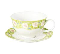 Handmade Tea Cup and Saucer Set, 8.5 oz Porcelain Coffee Mug Set, Ceramic Teacup, Espresso Cup Set with Raised Glaze Rose Decoration for Women Tea Party & Christmas & Wedding (1 Set, Yellow-Green)