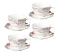 Handmade Tea Cup and Saucer Set, 8.5 oz Porcelain Coffee Mug Set, Ceramic Teacup, Espresso Cup Set with Raised Glaze Rose Decoration for Women Tea Party & Christmas & Wedding (4 Set, Grayish Blue)