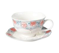 Handmade Tea Cup and Saucer Set, 8.5 oz Porcelain Coffee Mug Set, Ceramic Teacup, Espresso Cup Set with Raised Glaze Rose Decoration for Women Tea Party & Christmas & Wedding (1 Set, Grayish Blue)