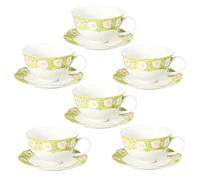 Handmade Tea Cup and Saucer Set, 8.5 oz Porcelain Coffee Mug Set, Ceramic Teacup, Espresso Cup Set with Raised Glaze Rose Decoration for Women Tea Party & Christmas & Wedding (6 Set, Yellow-Green)