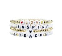 Handmade Teacher Appreciation Stackable Bracelets Colorful Solf Clay Love Teach Inspire Letter Beaded Adjustable Bracelets Sweet Teacher Gifts for Women-white bead 1