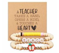 Handmade Teacher Appreciation Stackable Bracelets Teacher's Day Personalized Soft Clay Teach Inspire Nature Wood Beaded Elastic Bracelets for Women Christmas Graduation Birthday Party Fashion Jewelry