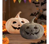 Handmade Terracotta Lantern, Glowing Ceramic Pumpkin for Halloween Decorations Outdoor, Carved Light Up Clay Statue, Cute Fall Decor for Indoor Home Table, Small Resin Figurine(2pcs-b)