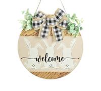 Handmade Timber Easter Decoration Door Hanger with Welcome Sign, Bunny Design, Buffalo Check Bow, Eucalyptus Greenery Festive Home Decor for Seasonal Wall Art