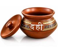 Handmade Traditional Dahi Handi Yoghurt Curd Serving Bowl Pot Storage Container With Lid, Earthenware Clay Terracotta Artisanal Pottery, Brown Food Safe Natural Reusable Rustic Eco Friendly, 12.5 cms