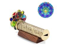 Handmade Tribal Brass Kaleidoscope with Etched Design, 2 Resin Bead Wheels, Lacquer Finish, Wood Stand & Gift Box - A Unique Collectible Gift for Adults (Two Mirror System)