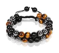Handmade Triple Protection Bracelet Natural Healing Crystals Bead with Obsidian Hematite Tiger s Eye Anxiety Relief for Men Women Brings Luck Prosperity Happiness