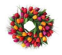 Handmade Tulip Wreath, 45CM Diameter Rattan Tulip Wreath with Full Design, Silk Cloth Simulation Flowers for Garden Wedding, Christmas Parties (66)