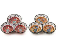Handmade Turkish Ceramic Triple Dip Bowl Set of 2 - Assorted Colours | Traditional Iznik Pattern Appetiser Serving Dishes for Chutneys, Sauces, Nuts & Snacks | Decorative Tableware Gift Set