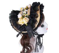 Handmade Victorian Bonnet Hat With Ruffled Trim And Flower Straw Sun Hat For Vintage Enthusiast Teaparty Costume Props Theme Event Headpiece