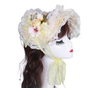 Handmade Victorian Bonnet Hat With Ruffled Trim And Flower Straw Sun Hat For Vintage Enthusiast Teaparty Costume Props Theme Event Headpiece