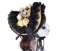 Handmade Victorian Bonnet Hat With Ruffled Trim And Flower Straw Sun Hat For Vintage Enthusiast Teaparty Costume Props Cosplay Costume