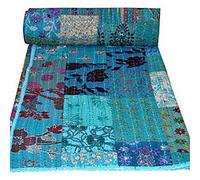 Handmade Vintage Khambadiya Print Hand Jari Patchwork King/Twin Size Embroidery Kantha Quilt Home Decorative Khambadiya Kantha Quilt Kantha Bedspread Indian Blanket Coverlet (Turquoise, 108"*108")