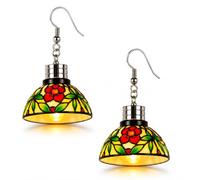 Handmade Vintage Light-Up Chandelier Earrings, Dangle Gift for Women | Warm-glow mini lamp dangles with floral stained-glass style detail, a retro handmade gift for women, parties and holidays