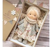 Handmade Waldorf Cute Christmas Doll, 30cm Cotton Waldorf Gift for Girls' Christening, Baby Shower Present with Clothes and Curly Hair