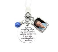 Handmade Wedding Bouquet Charm with Photo Frame Something Blue | Handmade, Memorial Keepsake, Engraved Sentiment, Heart Clasp, Blue Pearl Bead,honor loved ones memorial gift for brides.