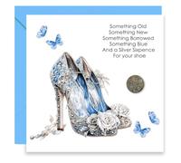 Handmade Wedding Sixpence Card Set, Something Old or New Something Borrowed or Blue, Lucky 1966 Souvenir Sixpence Coin for Bride Shoe, Blue Envelope & Greeting Card for Bridal Shower Keepsake Gift