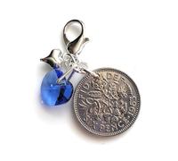 Handmade Wedding Something Blue Gift for the Bride - Swarovski Elements Sapphire Heart Charm & Lucky Sixpence