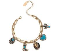 Handmade Western Cowboy Charm Bracelet with Boot Hat Cactus & Heart Charms, Boho Turquoise Western Bracelet, Country Westerns Jewelry for Women, Cowgirl Theme Festival Gift (Gold)