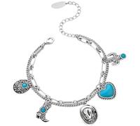 Handmade Western Cowboy Charm Bracelet with Boot Hat Cactus & Heart Charms, Boho Turquoise Western Bracelet, Country Westerns Jewelry for Women, Cowgirl Theme Festival Gift (Silver)