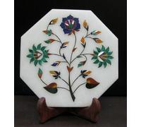 Handmade White Pizza Serving Board | Multicolor Stone Inlay Work Tea Pot Cum Kettle Stand with Stunning Look 6 x 6 Inches | Housewarming Gift