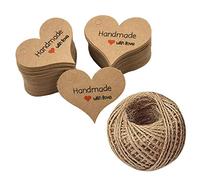 Handmade with Love Mini Gift Paper Tags, 200 pcs Heart-Shaped Brown Gift Labels with 99 ft Natural Jute Twin, Kindness for Gift Wrap, Wedding Favors by Hubhnb