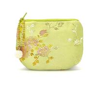 Handmade Women Coin Purse Silk Rosary Bag Jewelry Pouch Brocade Zipper Wallet, YellowGreen, Wild Rose Pattern