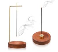 Handmade Wooden 2-in-1 Incense Holder - Round Base Upside Down Stick & Cone Coil Burner for Home Office Decor, Yoga, Meditation (Red)