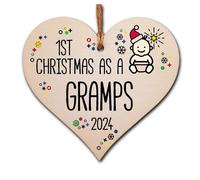 Handmade Wooden Christmas Hanging Heart Plaque Gift 1st Xmas 2024 as a Gramps new baby family celebration tree decoration present for family