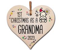 Handmade Wooden Christmas Hanging Heart Plaque Gift 1st Xmas 2024 as a Grandma new baby family celebration tree decoration present for family