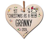 Handmade Wooden Christmas Hanging Heart Plaque Gift 1st Xmas 2024 as a Granny new baby family celebration tree decoration present for family