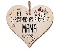 Handmade Wooden Christmas Hanging Heart Plaque Gift 1st Xmas 2024 as a Mama new baby family celebration tree decoration present for family