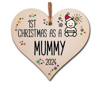 Handmade Wooden Christmas Hanging Heart Plaque Gift 1st Xmas 2024 as a Mummy new baby family celebration tree decoration present for family