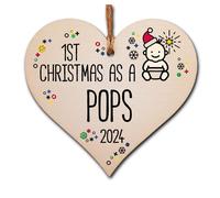 Handmade Wooden Christmas Hanging Heart Plaque Gift 1st Xmas 2024 as a Pops new baby family celebration tree decoration present for family