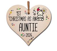 Handmade Wooden Christmas Hanging Heart Plaque Gift 1st Xmas 2024 as an Auntie new baby family celebration tree decoration present for family