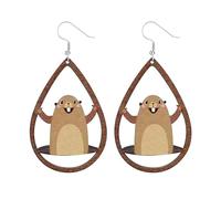 Handmade Wooden Groundhog Earrings Cute Funny Day For Women Girls Animal Holiday Earring Suit Costume Accessories Gifts Huge Hoop (Brown, 5x5x1cm)