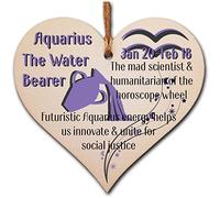 Handmade Wooden Hanging Heart Plaque Gift Signs of the Zodiac Aquarius Astrological Star Sign Keepsake Card Alternative