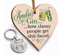 Handmade Wooden Hanging Heart Plaque & Keyring for Gin Lovers | Name printed funny wall sign, 30mm engraved steel disc they carry daily, Secret santa novelty keepsake women friends