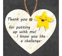 Handmade Wooden Heart Plaque - "Thank You for Putting Up with Me!" - Hanging Decoration with Twine String - Perfect Funny Gift for Friends, Teachers, Loved Ones (Large: 23 cm (H) × 20 cm (W))