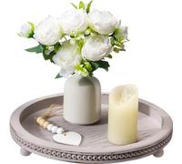 Handmade Wooden Serving Tray, Small Beaded Coffee Table Tray Decor, Grey Round Decorative Tray for Coffee Table, Dining Room Table Entryway and Living Room Table