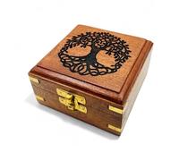 Handmade Wooden Tree of Life Box | Brass Inlay Jewellery & Keepsake Organizer | Rustic Brown Vintage Trinket Box for Tarot, Crystals & Gifts | Sustainable Wood Storage Box (10x10x5.5 cm)