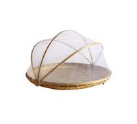 Handmade Woven Fruit Vegetable Basket With Net Round Dustproof Wicker Tray Food Bread Dishes With Gauze Cover Mesh Drying Food Storage Dustpan Laundry Basket Folding